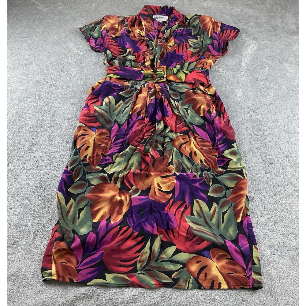 Victoria Soi Women's Silk Dress Sz 8 Red‎ Purple Floral MIDI Belted Classic C37